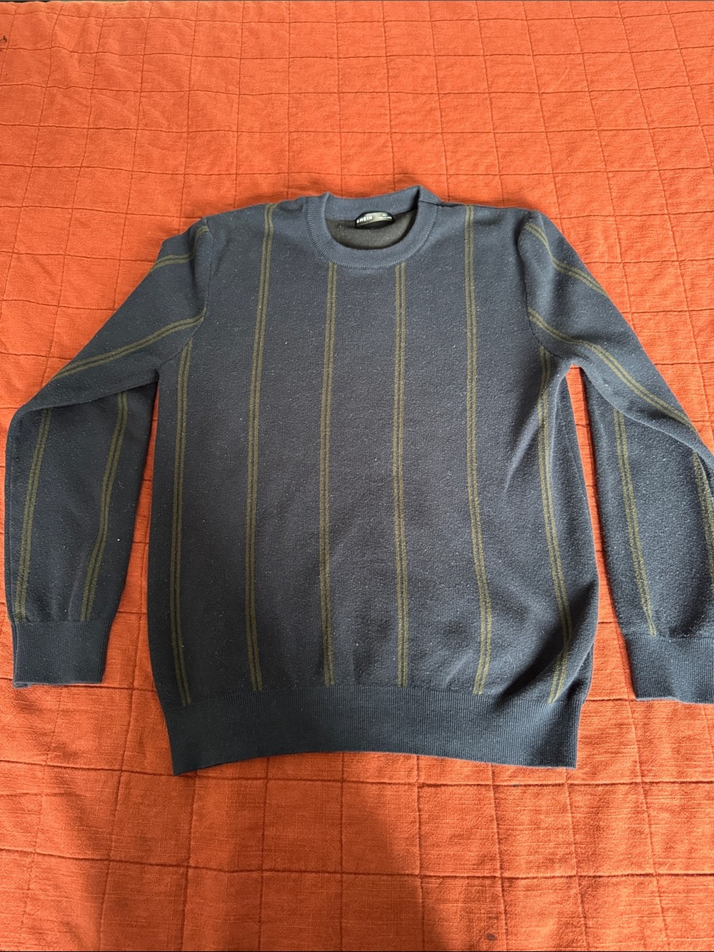 SHEIN Navy Crewneck Sweater with Olive Vertical Pinstripes